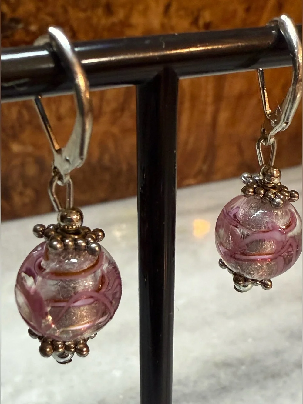 Murano Pink Glass Bead Drop Earrings with Silver Accents